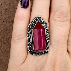 New Unique Pointed Hexagonal Kashmir Ruby Powerful Silver Statement Ring.